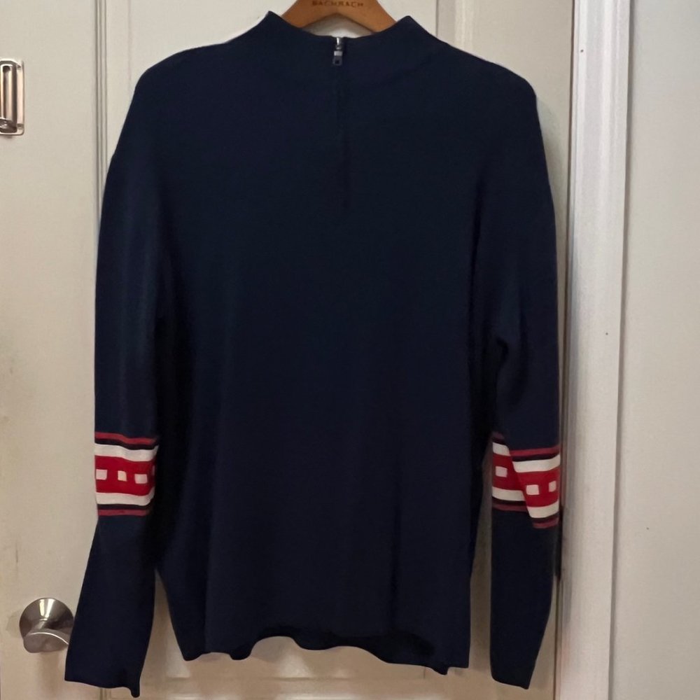 Neve Men's XL 100% New Wool Qtr Zip Crew Neck Sweater. Blue w/Red and White